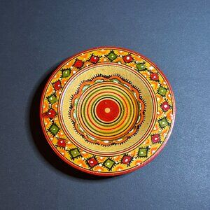 VTG Hand-Painted Round Wooden Folk Art Geometric Pattern Decorative Dish 4.5"